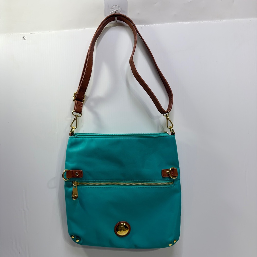 Joy Mangano Teal Nylon Crossbody Bag Gold Tone Hardware Adjustable Strap